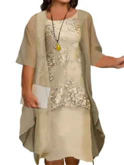 Women‘s Plus Size Curve Two Piece Dress Floral Crew Neck Print Half Sleeve Fall Spring Work Casual Knee Length Dress Casual Daily Dress -HANs Plus Size Style Shop xzcakw1649760963806