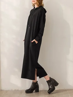 Women's Casual Dress Hoodie Dress Long Dress Maxi Dress Fashion Daily Outdoor Home Vacation Crew Neck Pocket Pure Color Pure Color Loose Fit Black Brown Army Green M L XL XXL -HANs Plus Size Style Shop xzgyzf1693294403241
