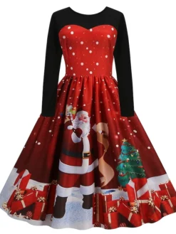 Women's Christmas Swing Dress Midi Dress Black Long Sleeve Santa Claus Print Winter Fall Autumn Crew Neck Modern 2022 S M L XL 2XL 3XL