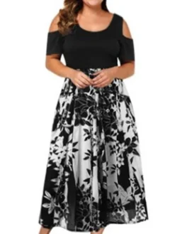 Women‘s Plus Size Curve Holiday Dress Print Crew Neck Print Short Sleeve Fall Spring Casual Maxi Long Dress Daily Dress -HANs Plus Size Style Shop xzpbxo1631262980256
