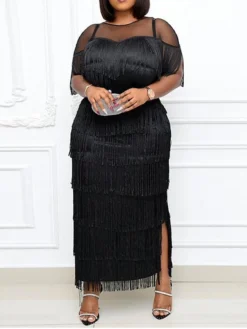 Women‘s Plus Size Curve Prom Dress Party Dress Fringe Dress Long Dress Maxi Dress Black Blue Short Sleeve Pure Color Tassel Fringe Summer Spring Fall Crew Neck Fashion Wedding Guest Vacation -HANs Plus Size Style Shop xzqynj1690945391863