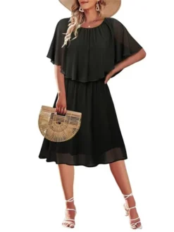 Women's Casual Dress Summer Dress Plain Dress Midi Dress Fake Two Piece Outdoor Street Daily Fashion Streetwear Crew Neck Short Sleeve 2023 Loose Fit Black White Wine Color S M L XL XXL Size -HANs Plus Size Style Shop xzuzjn1689248931976