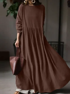 Women's Plus Size Work Dress Black Dress White Dress Fashion Long Dress Maxi Dress Ruched Patchwork Crew Neck Long Sleeve Plain Loose Fit Black White Brown Fall L XL XXL 3XL 4XL -HANs Plus Size Style Shop xzvqmj1693374221637