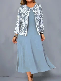 Women's Plus Size Curve Casual Dress Dress Set Two Piece Dress Floral Midi Dress Long Sleeve Print Crew Neck Mature Outdoor Blue Purple Fall Winter L XL XXL 3XL 4XL