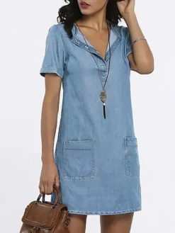 Women's Denim Dress Shirt Dress Mini Dress Date Vacation Going Out Denim Stylish Modern V Neck Pocket Short Sleeve Summer Spring 2023 Regular Fit Dark Blue Light Blue Pure Color S M L XL XXL