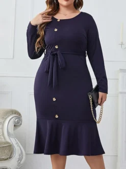 Women's Plus Size Party Dress Wedding Guest Dress Sheath Dress Midi Dress Dark Blue Long Sleeve Pure Color Ruffle Spring Fall Winter Crew Neck Fashion Winter Dress Office Evening Party 2023 XL XXL