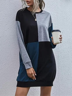 Women's Casual Dress Hoodie Dress Mini Dress Fashion Daily Outdoor Home Vacation Crew Neck Patchwork Print Loose Fit Blue Army Green Dark Gray S M L XL -HANs Plus Size Style Shop yaurcw1693535795757