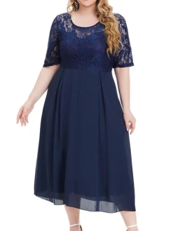 Women's Plus Size Curve Party Dress Lace Dress Sheath Dress Solid Color Midi Dress Short Sleeve Lace Patchwork Crew Neck Fashion Wedding Dark Blue Spring Fall XL XXL 3XL 4XL 5XL -HANs Plus Size Style Shop ybfqaa1693533320755