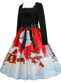 Women's Christmas Casual Dress Vintage Dress Midi Dress Black Blue Wine Long Sleeve Santa Claus Bow Winter Fall Spring Square Neck Vacation Christmas Daily Vacation 2022 S M L XL XXL 3XL -HANs Plus Size Style Shop ybhfel1667637130997