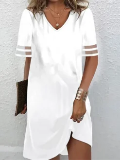 Women's Casual Dress White Dress Summer Dress Mini Dress Mesh Patchwork Daily Date Going Out Fashion Basic V Neck Short Sleeve 2023 Regular Fit White Color S M L XL XXL Size