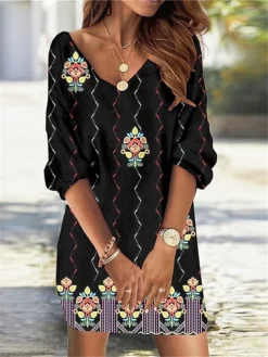 Women's Casual Dress Sweatshirt Dress Print Dress Floral Geometric Print V Neck Mini Dress Fashion Streetwear Outdoor Daily 3/4 Length Sleeve Loose Fit Black Dark Red Yellow Fall S M L XL XXL -HANs Plus Size Style Shop ybskuy1694422052372