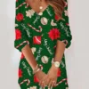 Women's Christmas Sweatshirt Dress Shift Dress Mini Dress Green Red 3/4 Length Sleeve Graphic Print Winter Fall Autumn V Neck Fashion Christmas Loose Fit 2022 S M L XL XXL 3XL