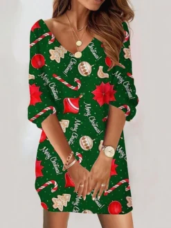 Women's Christmas Sweatshirt Dress Shift Dress Mini Dress Green Red 3/4 Length Sleeve Graphic Print Winter Fall Autumn V Neck Fashion Christmas Loose Fit 2022 S M L XL XXL 3XL