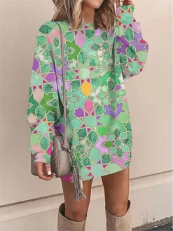 Women's Casual Dress Sweatshirt Dress Shift Dress Geometric Color Block Print Crew Neck Mini Dress Fashion Streetwear Outdoor Daily Long Sleeve Loose Fit Pink Purple Green Spring Fall S M L XL XXL -HANs Plus Size Style Shop ybxuyk1692784690632