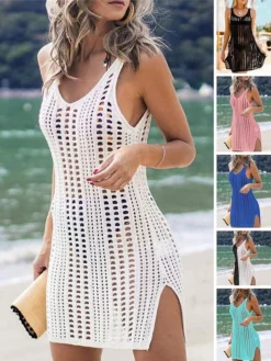 Women's Casual Dress Sheath Dress Sundress Mini Dress Black And White Black White Sleeveless Pure Color Hollow Out Summer Spring V Neck Fashion 2023 S M L XL