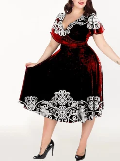 Women‘s Plus Size Curve Casual Dress A Line Dress Graphic Midi Dress Short Sleeve Print V Neck Elegant Holiday Black White Summer Spring L XL XXL 3XL 4XL -HANs Plus Size Style Shop ycovib1679394262468