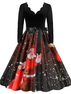 Women's Christmas Party Dress Swing DressKnee Length Dress Green Purple Wine Red Black Long Sleeve Santa Claus Elk Snowman Print Fall Winter V Neck Vintage Party Elegant Party 2022 S M L XL XXL 3XL -HANs Plus Size Style Shop ycrcni1665475508463
