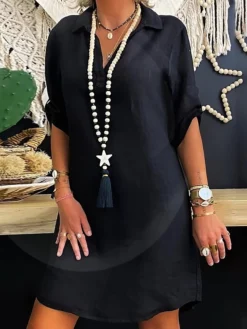 Women's Casual Dress Midi Dress Black 3/4 Length Sleeve Pure Color Summer Spring V Neck Casual Loose Fit 2023 S M L XL XXL