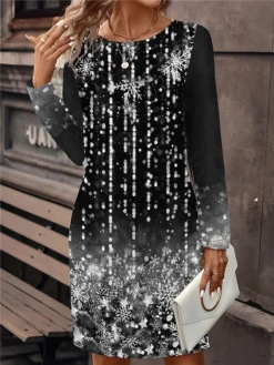 Women's Christmas Dress Casual Dress Mini Dress Active Fashion Outdoor Christmas Holiday Crew Neck Print Snowflake Loose Fit Wine Blue Gray S M L XL XXL -HANs Plus Size Style Shop ydbpjh1697108823638
