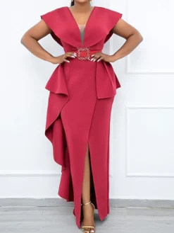 Women's Plus Size Curve Party Dress Solid Color V Neck Short Sleeve Spring Summer Prom Dress Maxi Long Dress Party Dress -HANs Plus Size Style Shop ydswhk1652684135407