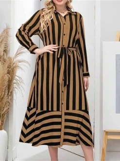 Women's Plus Size Curve Shirt Dress Casual Dress Midi Dress Outdoor Daily Vacation Polyester Fashion Classic Shirt Collar Lace Up Button Long Sleeve Spring Fall Winter Loose Fit Yellow Striped L XL -HANs Plus Size Style Shop yekbob1693210758749