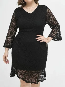 Women's Plus Size Party Dress Lace Dress Cocktail Dress Midi Dress Black 3/4 Length Sleeve Pure Color Lace Spring Fall Winter V Neck Fashion Winter Dress Birthday Wedding Guest 2023 XL XXL 3XL 4XL -HANs Plus Size Style Shop yexcsl1693535468956