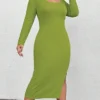 Women‘s Plus Size Curve Party Dress Cocktail Dress Wedding Guest Dress Midi Dress Green Long Sleeve Pure Color Split Spring Fall Winter Crew Neck Fashion Birthday Wedding Guest Vacation 2023