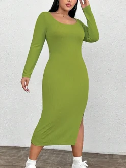 Women‘s Plus Size Curve Party Dress Cocktail Dress Wedding Guest Dress Midi Dress Green Long Sleeve Pure Color Split Spring Fall Winter Crew Neck Fashion Birthday Wedding Guest Vacation 2023
