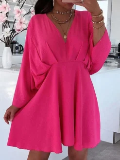 Women's Casual Dress Plain Dress Spring Dress Mini Dress Ruched Daily Date Going Out Fashion Basic V Neck Long Sleeve 2023 Loose Fit Black White Pink Color S M L XL Size
