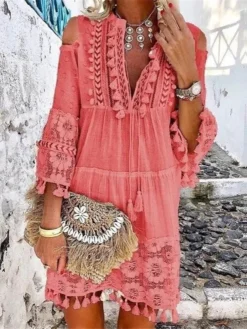 Women's Shift Dress Boho Dress Mini Dress White Yellow Pink 3/4 Length Sleeve Pure Color Tassel Fringe Summer Spring V Neck Vacation Loose Fit 2023 S M L XL XXL 3XL 4XL 5XL -HANs Plus Size Style Shop yfheim1657266461629