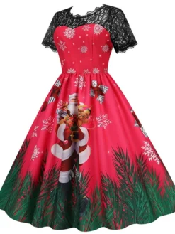 Women's Christmas Swing Dress Vintage DressKnee Length Dress Green Wine Dark Green Fuchsia Red Black Short Sleeve Santa Claus Snowman Snowflake Lace Print Fall Winter V Neck Vacation Vintage 2022 S -HANs Plus Size Style Shop yfkdbo1665293369618