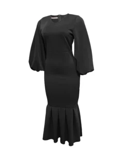 Women‘s Plus Size Curve Party Dress Solid Color V Neck Ruched Puff Sleeve Long Sleeve Winter Fall Casual Maxi Long Dress Party Vacation Dress Sheath Dress Black Dress -HANs Plus Size Style Shop yfmivl1649744187505