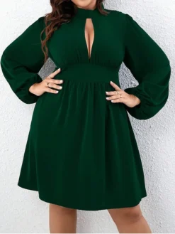 Women's Plus Size Curve Casual Dress A Line Dress Knit Dress Solid Color Midi Dress Long Sleeve Ruched Cut Out Stand Collar Fashion Outdoor Green Fall Winter XL XXL 3XL -HANs Plus Size Style Shop ygdznj1697706406433