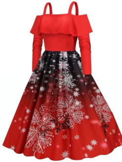 Women's Christmas Swing Dress Slip Dress Vintage Dress Midi Dress Black Wine Light Red Long Sleeve Santa Claus Cold Shoulder Winter Fall Autumn Spaghetti Strap Modern Vacation 2022 S M L XL XXL 3XL -HANs Plus Size Style Shop ygnirz1667793480329