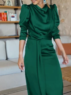 Women's Casual Dress Plain Dress Spring Dress Midi Dress Split Knot Front Work Street Daily Fashion Streetwear Crew Neck Long Sleeve 2023 Regular Fit Black Blue Green Color S M L XL Size -HANs Plus Size Style Shop ygoedg1692617878318