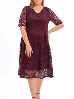 Women‘s Plus Size Curve Party Dress Lace Dress Cocktail Dress Midi Dress Black Pink Wine Half Sleeve Pure Color Lace Summer Spring Fall V Neck Fashion Birthday Wedding Guest Vacation 2023 -HANs Plus Size Style Shop ygphmd1691564497667