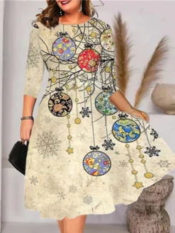 Women‘s Plus Size Christmas Dress Christmas Tree 3/4 Length Sleeve Winter Fall Midi Dress Work Dress