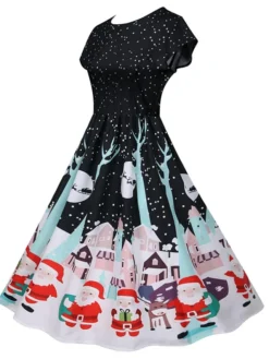 Women's Christmas Knee Length Dress Green Black Red Short Sleeve Print Print Fall Winter Round Neck Casual Vintage2021 S M L XL XXL -HANs Plus Size Style Shop ygxkcx1629971725549