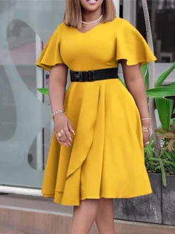 Women‘s Plus Size Curve Flattering Dresses Elegant Apple Shaped Dress Wedding Guest Work Dress Pure Color V Neck Ruffle Short Sleeve Spring Fall Work Knee Length Dress Going Out Work Dress -HANs Plus Size Style Shop yhnjqj1666680379186