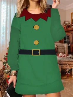 Women's Christmas Ugly Sweatshirt Dress Shift Dress Mini Dress Green Black Red Long Sleeve Santa Claus Print Winter Fall Autumn Fashion Daily 2022 S M L XL XXL 3XL -HANs Plus Size Style Shop yhqunn1667986005918
