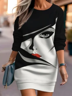 Women's Casual Dress Sweatshirt Dress Mini Dress Warm Fashion Outdoor Vacation Going Out Crew Neck Print Print Loose Fit Black White Red S M L XL XXL -HANs Plus Size Style Shop yiaxbj1694596719002