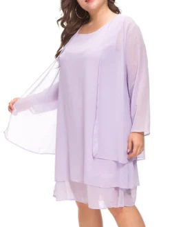 Women‘s Plus Size Curve Casual Dress Solid Color Crew Neck Mesh Long Sleeve Spring Fall Casual Knee Length Dress Daily Vacation Dress -HANs Plus Size Style Shop yiljpu1691043847076