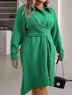 Women's Plus Size Curve Shirt Dress Casual Dress Plain Midi Dress Long Sleeve Ruched Button Shirt Collar Fashion Outdoor Green Fall Winter L XL XXL 3XL 4XL -HANs Plus Size Style Shop yitnim1695095379836