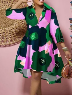 Women's Plus Size Curve Shirt Dress Casual Dress Swing Dress Floral Geometric Midi Dress 3/4 Length Sleeve Plus High Low Print Shirt Collar Fashion Daily White Yellow Fall Winter L XL XXL 3XL -HANs Plus Size Style Shop yjfpaq1694594680726