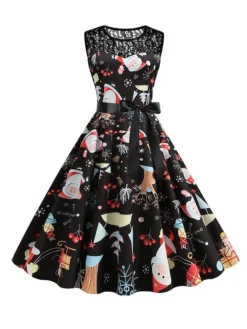 Women‘s Christmas Retro 1950s Vintage Dress Midi Dress Party Patchwork Bow Santa Claus Crew Neck Sleeveless Regular Fit Fall Winter 2023 Black White S M L XL -HANs Plus Size Style Shop yjgdqq1694501415439