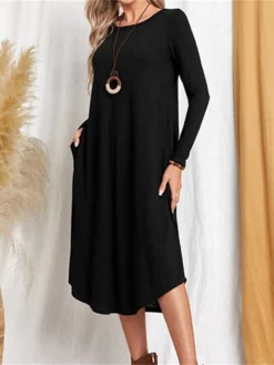 Women's T Shirt Dress Tee Dress Linen Dress Black Dress Midi Dress Black Wine Light Grey Long Sleeve Pure Color Pocket Summer Spring Crew Neck Classic Winter Dress Fall Dress Loose Fit 2023 S M L XL -HANs Plus Size Style Shop yjgmgz1661924824906