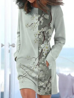 Women's Casual Dress Sweatshirt Dress Print Dress Floral Pocket Print Crew Neck Mini Dress Fashion Classic Daily Vacation Long Sleeve Loose Fit Gray Fall Winter S M L XL XXL