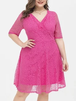Women's Plus Size Curve Party Dress Lace Dress Cocktail Dress Midi Dress Fuchsia Half Sleeve Pure Color Lace Summer Spring Fall V Neck Fashion Birthday Wedding Guest Vacation 2023 XL XXL 3XL 4XL