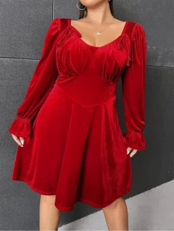 Women's Plus Size Curve Party Dress Velvet Dress Cocktail Dress Midi Dress Red Long Sleeve Pure Color Ruched Fall Winter Autumn V Neck Fashion Winter Dress Wedding Guest Vacation 2023 XL XXL 3XL -HANs Plus Size Style Shop yjprjz1693297249594