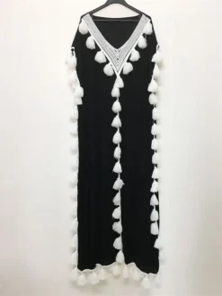 Women's Long Dress Maxi Dress Casual Dress Swing Dress Kaftan Dress Print Fashion Streetwear Outdoor Daily Vacation Tassel Fringe Patchwork Short Sleeve V Neck Dress Loose Fit Black White Light Purple -HANs Plus Size Style Shop yjymok1676277800224